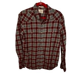 Lucky Brand Western Men's Large Thick Cotton Shirt Pearl Snap Checkered Red Gray